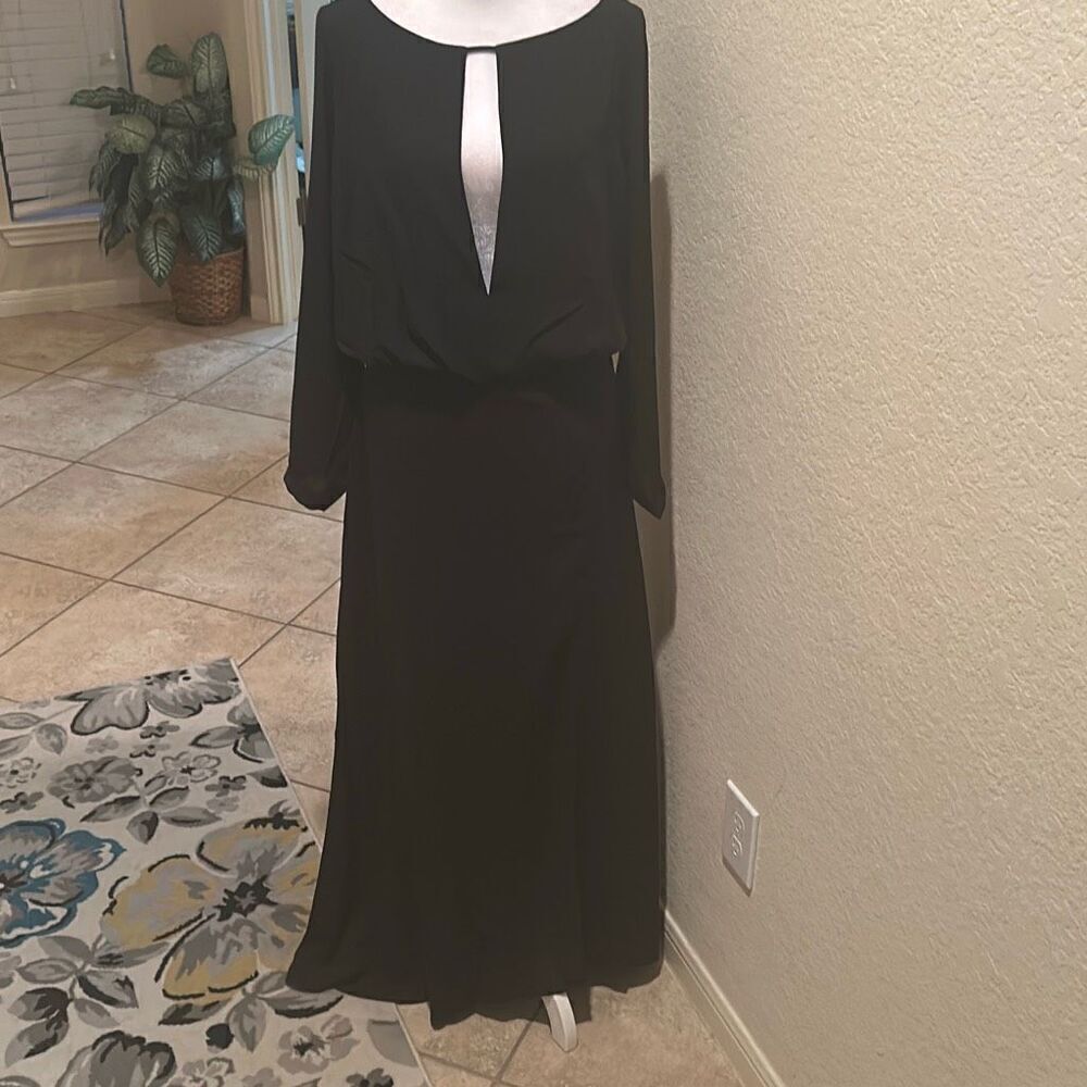 Krisa M Long Sleeve Plunge Neck Maxi Dress Black High Slit Witchy Whimsigoth NWT